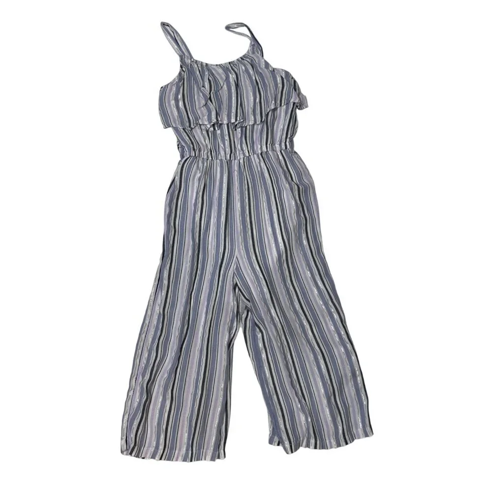 Justice Girls Sleeveless Striped Ruffle Jumpsuit Blue & Purple Size L 12 1698